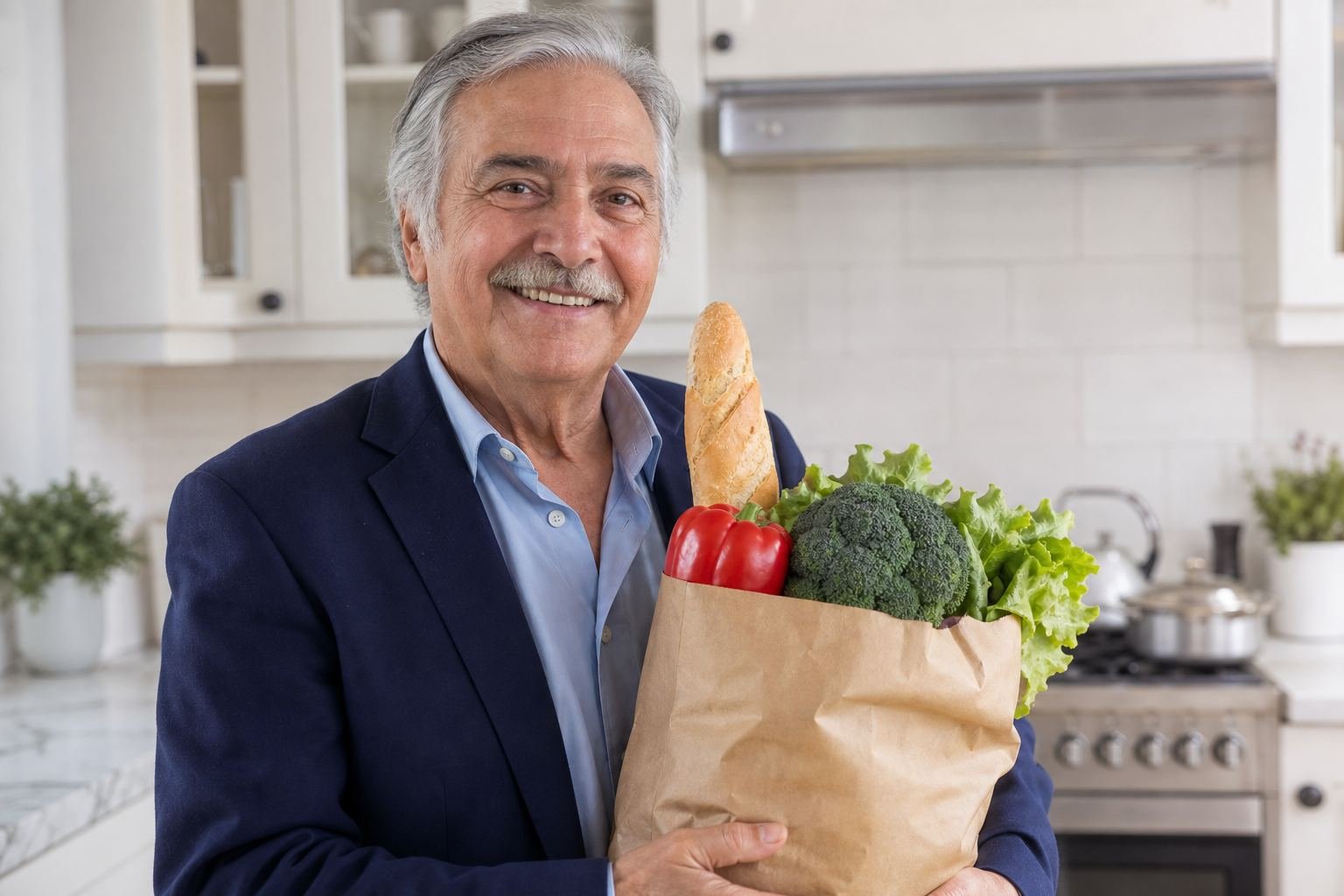 Adulto mayor con las compras del súper